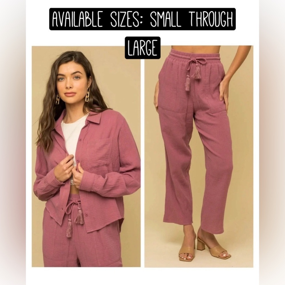 100% Cotton Boho Button Down Shirt & Pants Set(Mauve)